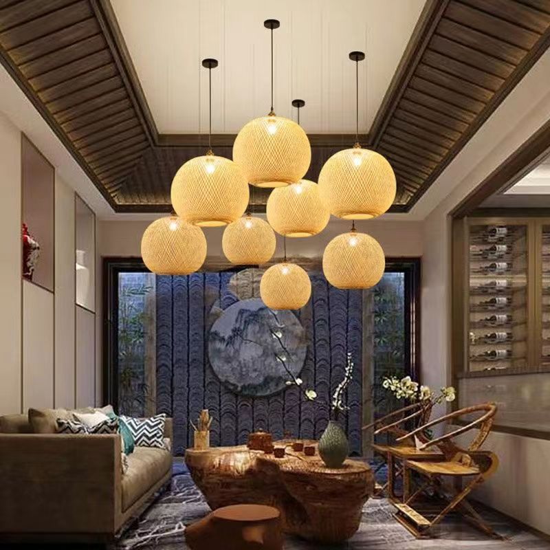 Wholesale basket round bamboo pendant light rattan chandelier bamboo small lamp shade lighting Woven led Decor Light Fixture