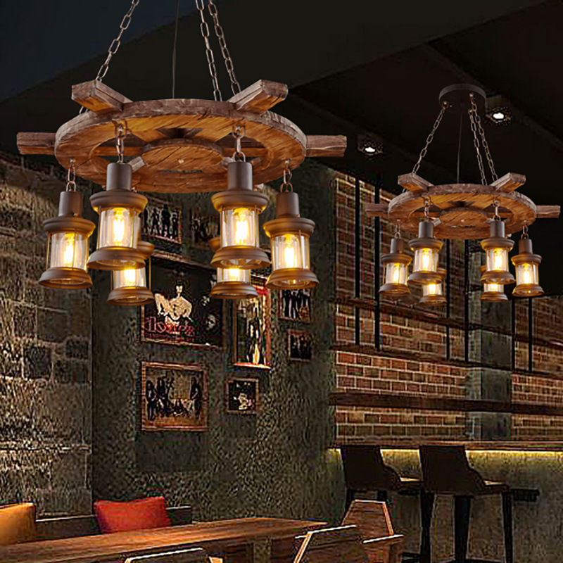 Farmhouse country Retro Vintage industrial Island light Creative restaurant Bar Terrace cafe boat wood chandelier hanging light