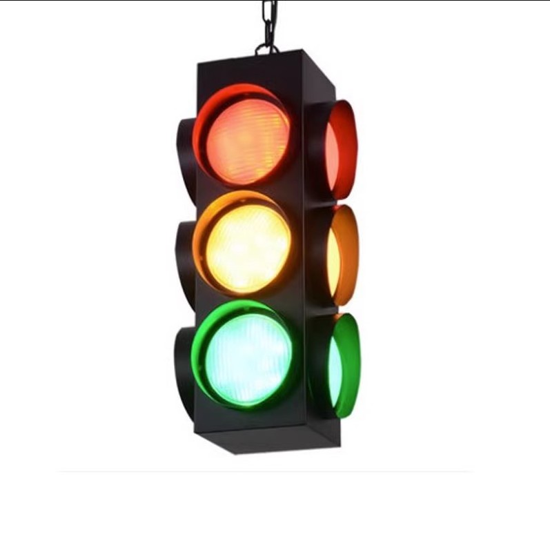 Loft industrial remote control creative restaurant bar red and green led chandelier US plug traffic light colored ceiling lamp