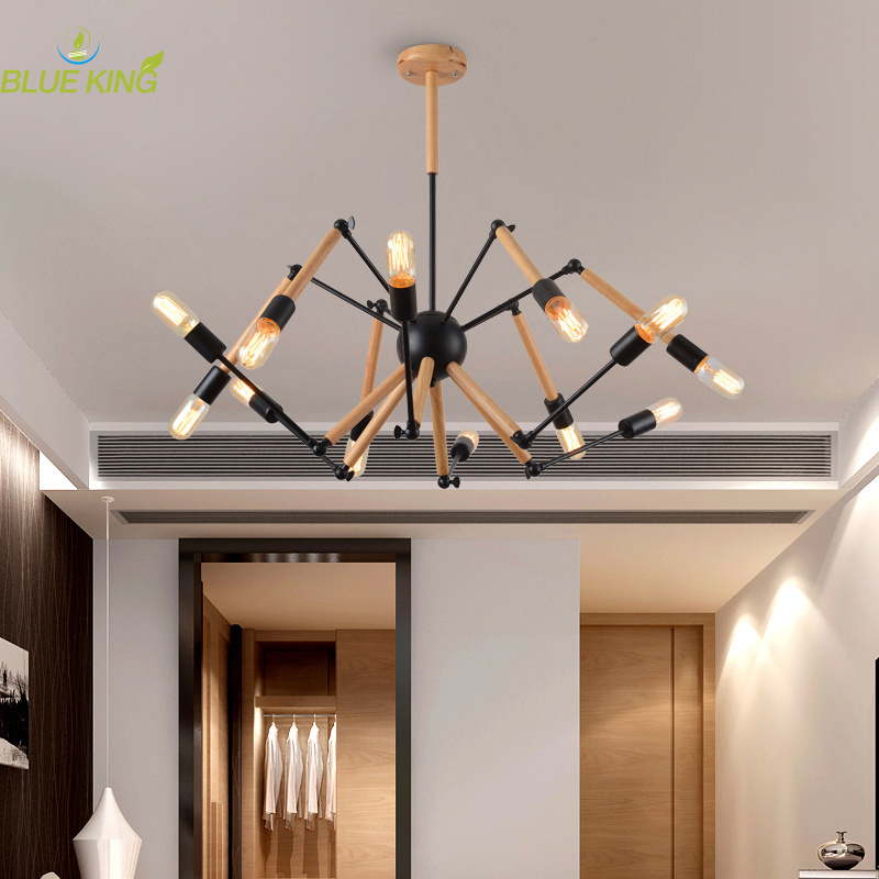 Wholesale Korean style natural wood light spider energy saving flush mount super bright ceiling light adjustable chandelier