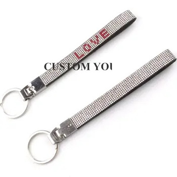 fashion pu keychain with rhinestone wristlet keychain with custom name keychain