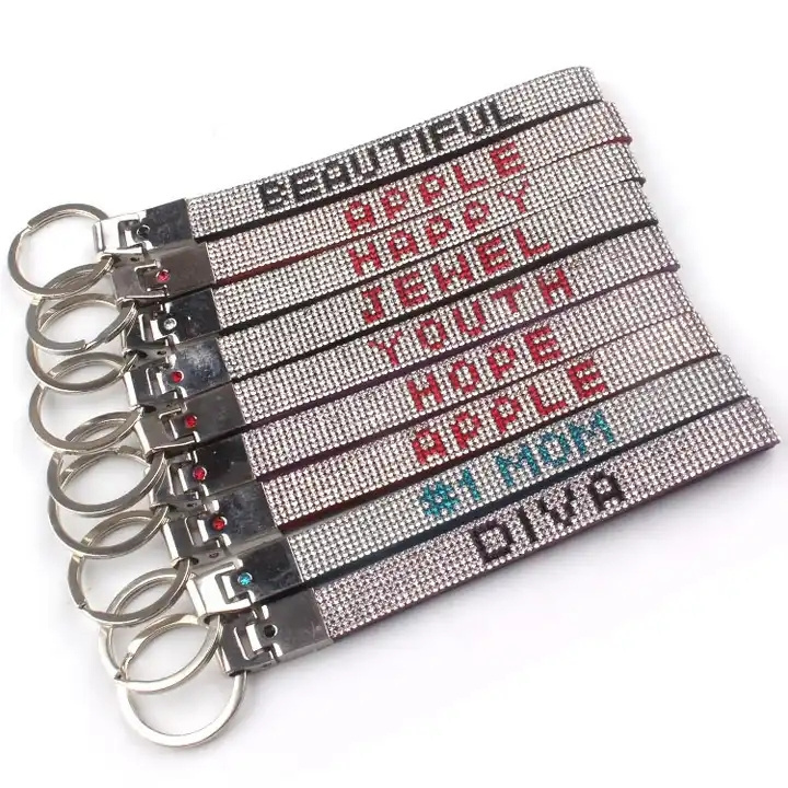 fashion pu keychain with rhinestone wristlet keychain with custom name keychain