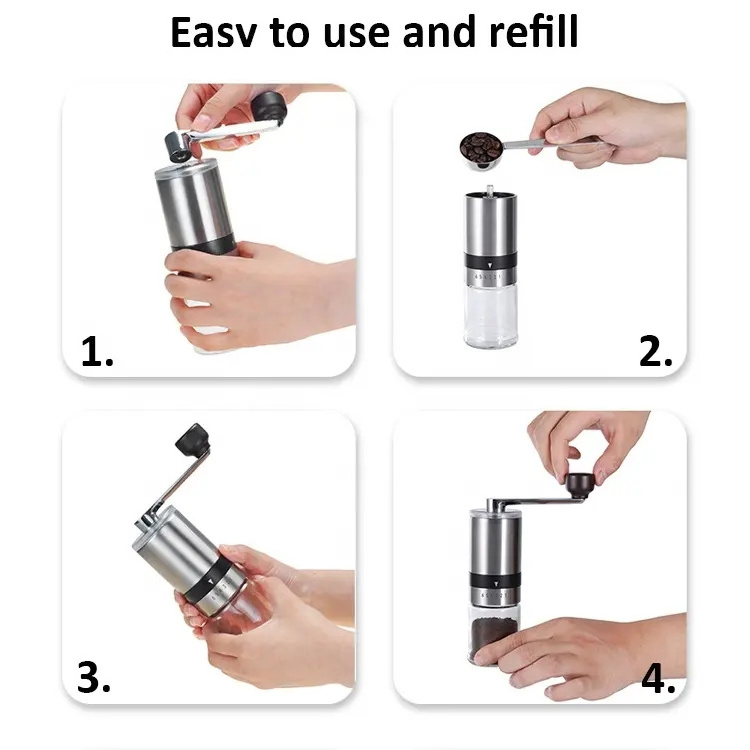 2023 Hot selling 304 Stainless steel adjustable Ceramic core burr hand Manual Coffee maker grinder with glass bottle jar