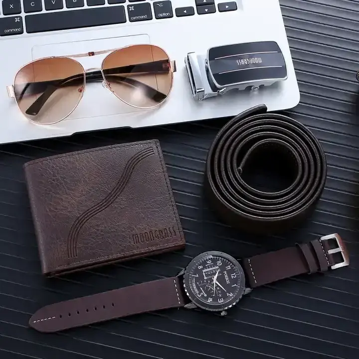 New Promotional Gift Set Business Quartz Watch Set Christmas Men's Gift Set with Wallet + Belt + Glasses + Watch