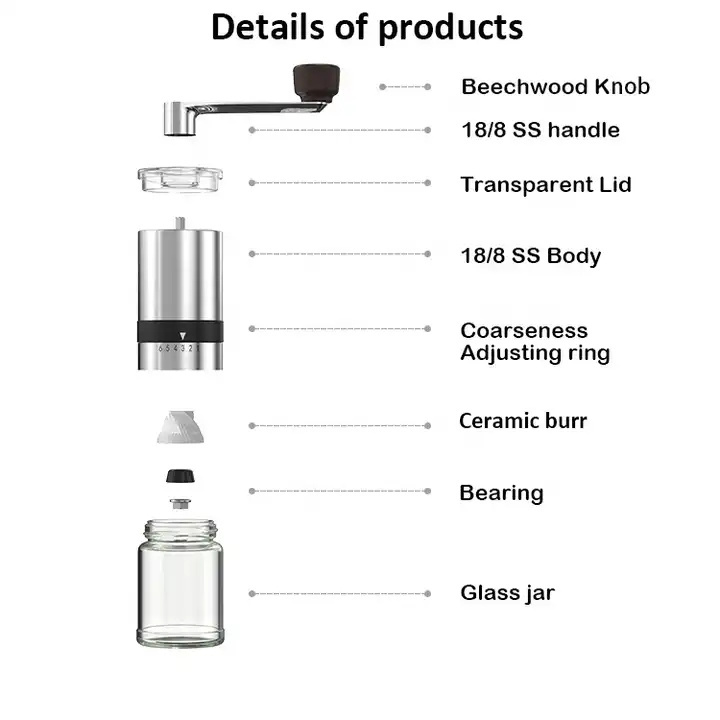 2023 Hot selling 304 Stainless steel adjustable Ceramic core burr hand Manual Coffee maker grinder with glass bottle jar