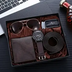 New Promotional Gift Set Business Quartz Watch Set Christmas Men's Gift Set with Wallet + Belt + Glasses + Watch