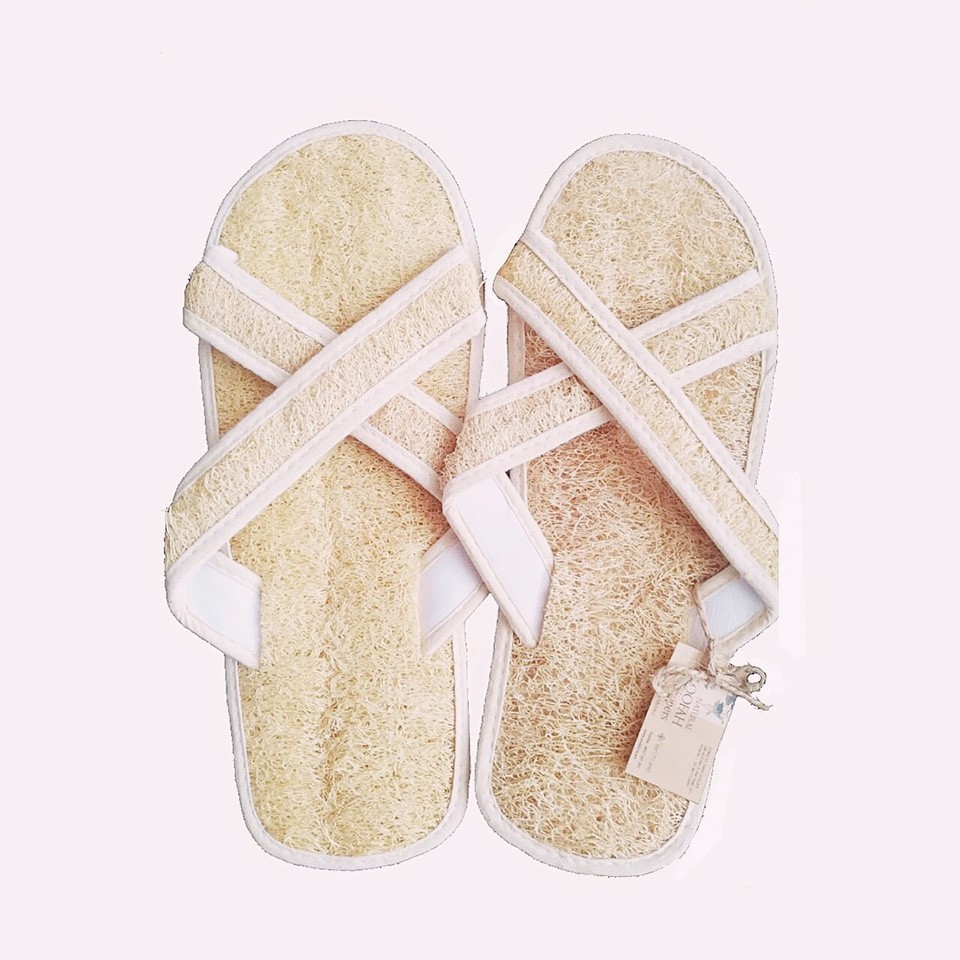 The cost-effective, machine-washable, water-resistant, and eco-friendly Loofah slippers are sold by Blue Lotus Farm.