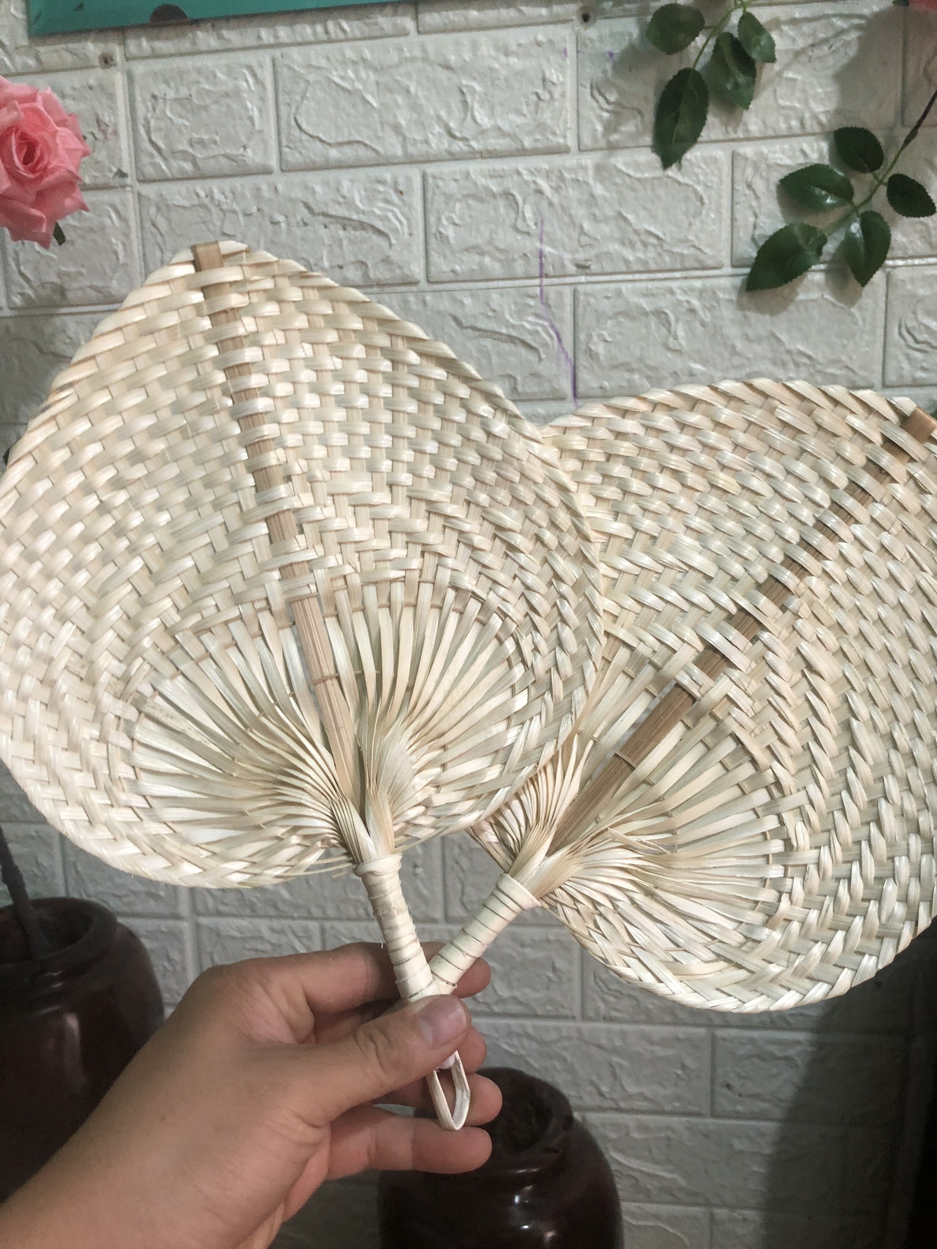 Rattan Decor Hand Fans, Bulk Wedding Camping Tropical Party Vietnam Hand Crafted Palm Leaf Fan, Bamboo Raffia Fan Hand Made Fan