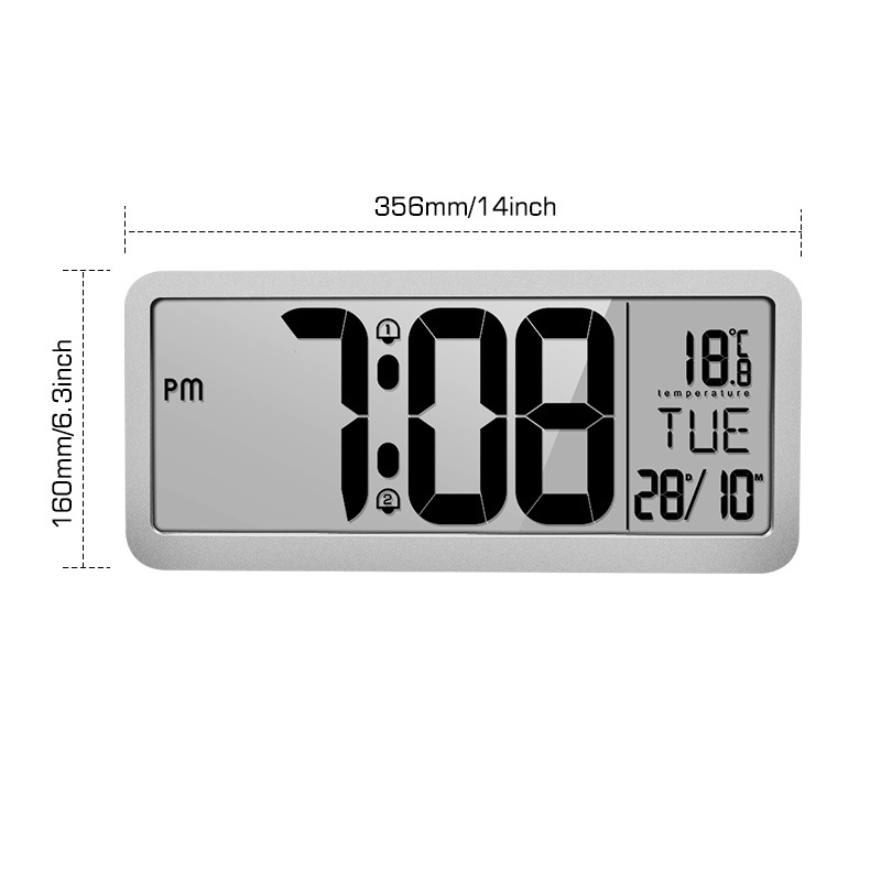 14 Inch Extra Large Display Temperature Digital Transparent LCD Alarm Wall Clock with Dual Alarm