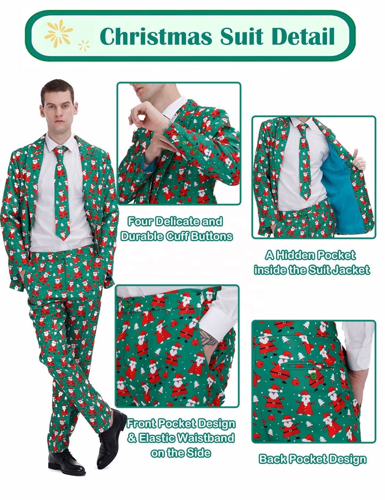 Christmas Party Dress Suit for Men Polyester Ball Costume with Pants for Adult Xmas Celebrations