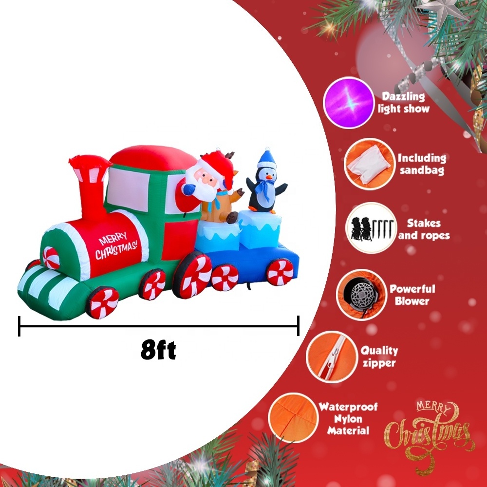 8ft Inflatable Christmas Train Ornament Holiday Yard Decorations Train with Santa Claus Penguins and Elk for Festive Display