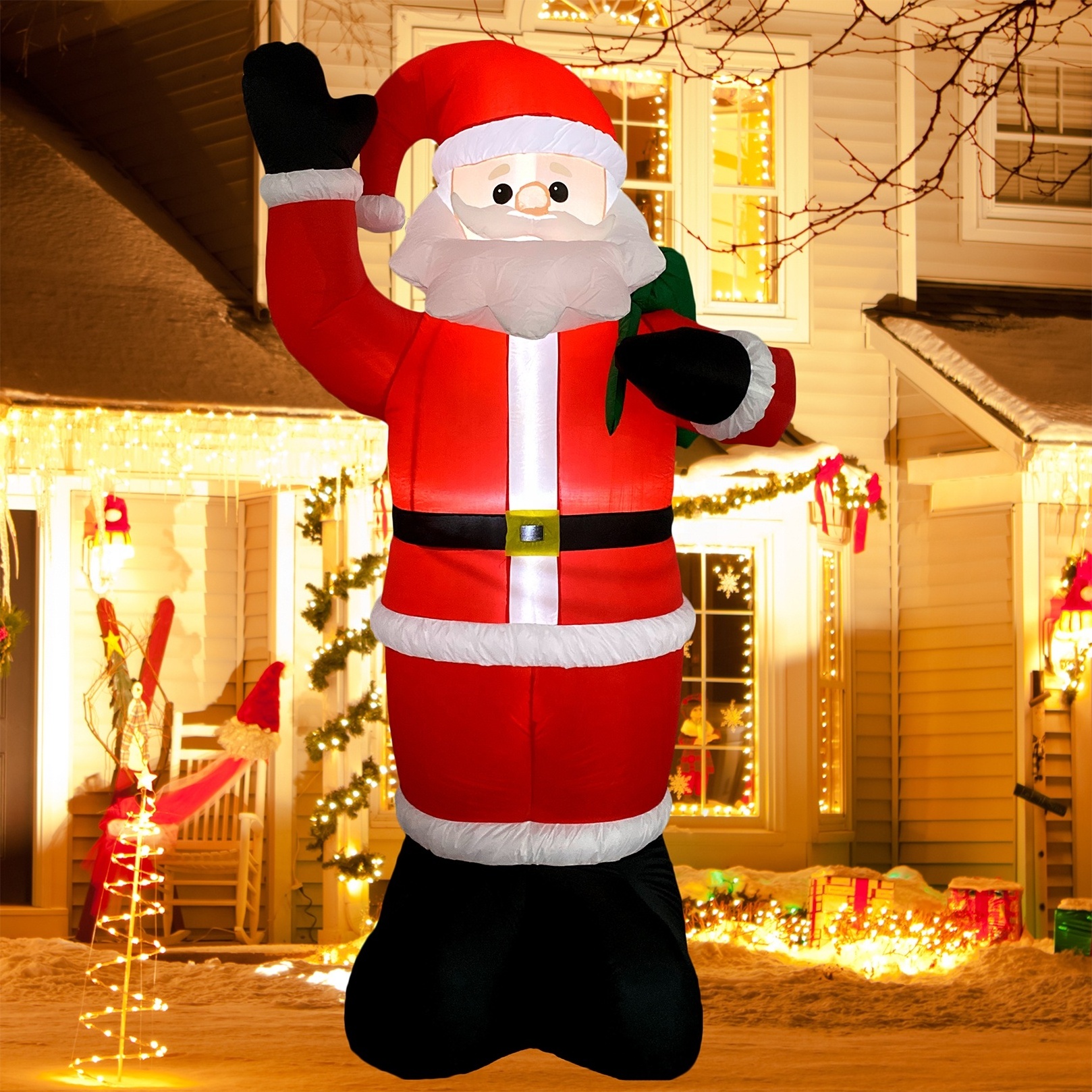 8FT 96inch Santa Claus Inflatable Decoration Christmas Santa with Gift Bag With LED Lights for Xmas Outdoor Decor