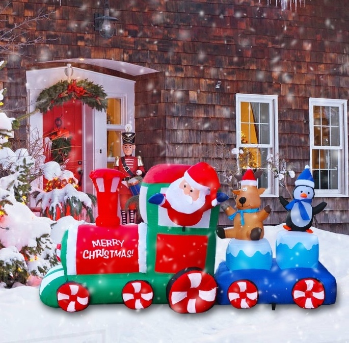 8ft Inflatable Christmas Train Ornament Holiday Yard Decorations Train with Santa Claus Penguins and Elk for Festive Display