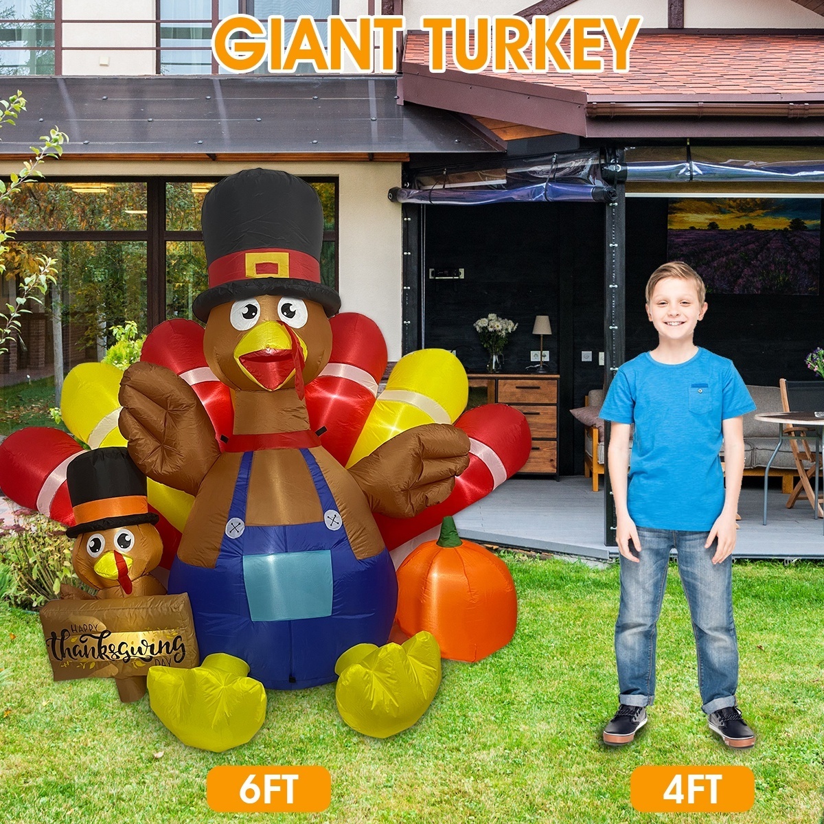 6FT 72inch Holiday Giant Inflatable Thanksgiving Day Turkey Decoration Yard Decor Quick Inflation with LED Lights