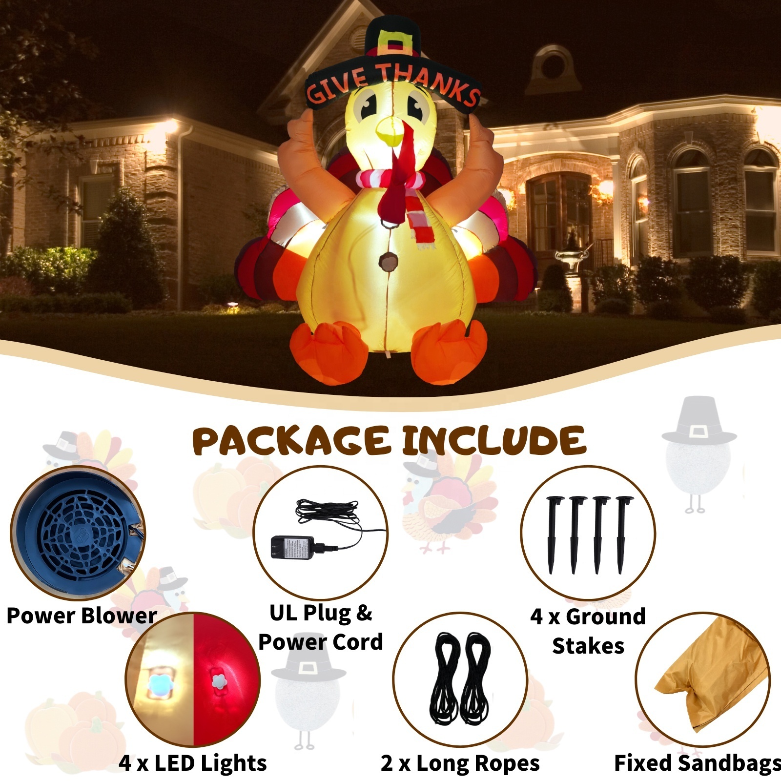 6FT Giant Inflatable Turkey for Thanksgiving Day Decorations Turkey Inflatable with LED Lights