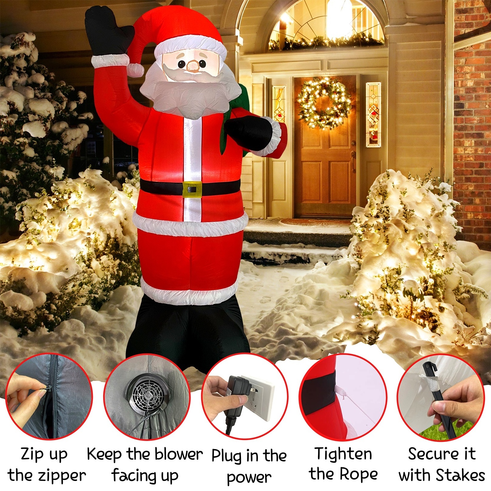 8FT 96inch Santa Claus Inflatable Decoration Christmas Santa with Gift Bag With LED Lights for Xmas Outdoor Decor