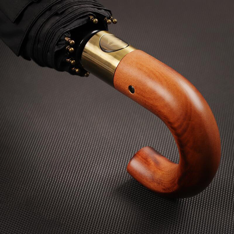 Gentleman Retro Automatic Umbrella Wooden Curved Handle 25 Inch 10 Ribs Automatic Business Folding Umbrella