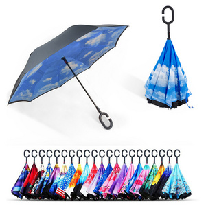 Wind resistant hands free inverse inside out c handle smart reverse upside-down double layer inverted umbrella