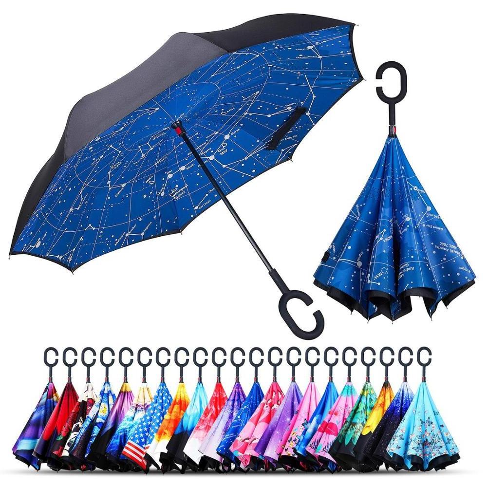 New Creative Custom Printing Hook C Handle Reverse Umbrella Self-standing Double Layer Windproof Inverted umbrella