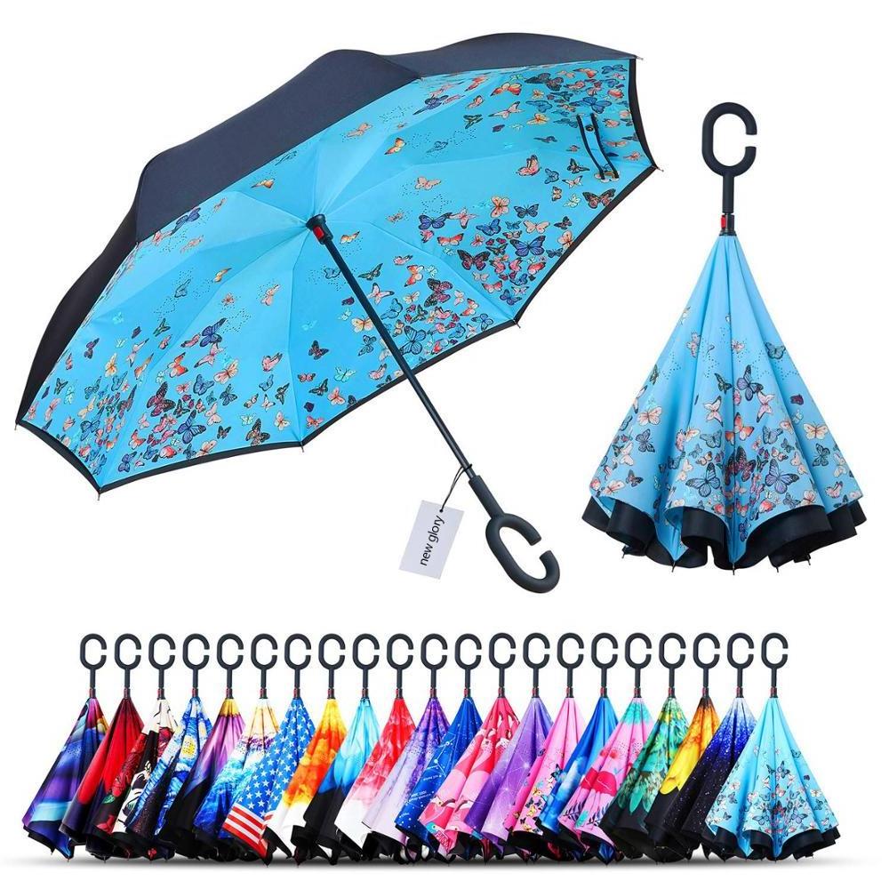 New Creative Custom Printing Hook C Handle Reverse Umbrella Self-standing Double Layer Windproof Inverted umbrella