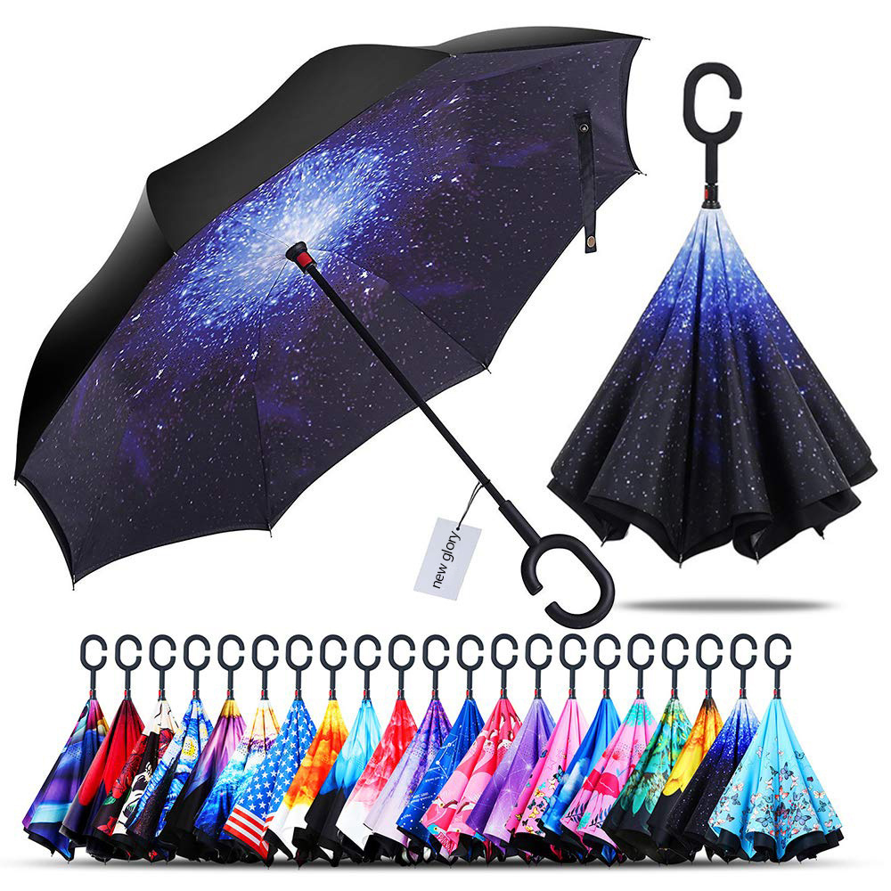 New Creative Custom Printing Hook C Handle Reverse Umbrella Self-standing Double Layer Windproof Inverted umbrella