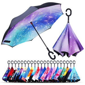 New Creative Custom Printing Hook C Handle Reverse Umbrella Self-standing Double Layer Windproof Inverted umbrella