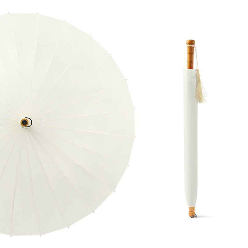 Windproof hight quality solid color 2021 new 24 ribs long umbrella white wooden handle with tassel