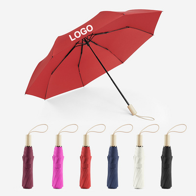 Wholesale cheap Manual open compact women promotional girls 3 fold rain luxury wooden handle sun custom fold umbrella with logo