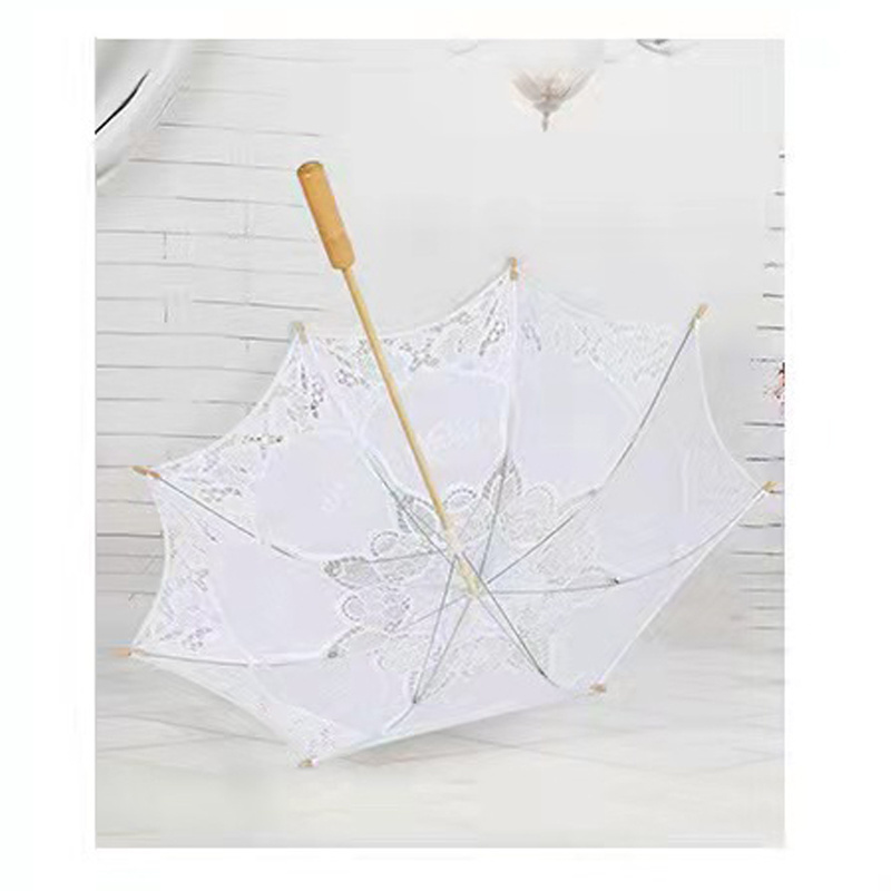 Fashion custom lace embroidery bamboo bride white wedding parasol cotton umbrella