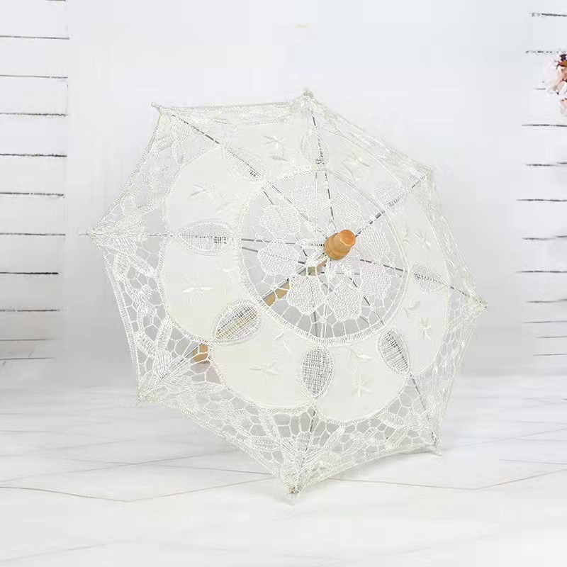 Fashion custom lace embroidery bamboo bride white wedding parasol cotton umbrella