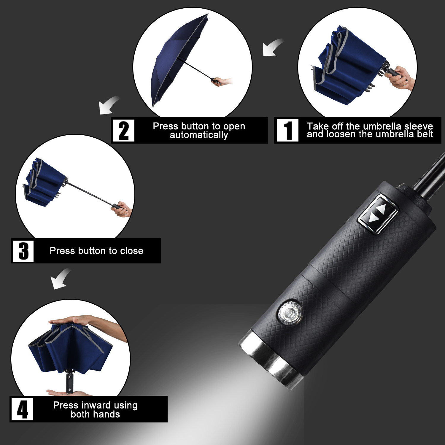 42inch Windproof Safety Reflective Travel Upside Down LED Handle Automatic Compact Inverted Folding LED Umbrella