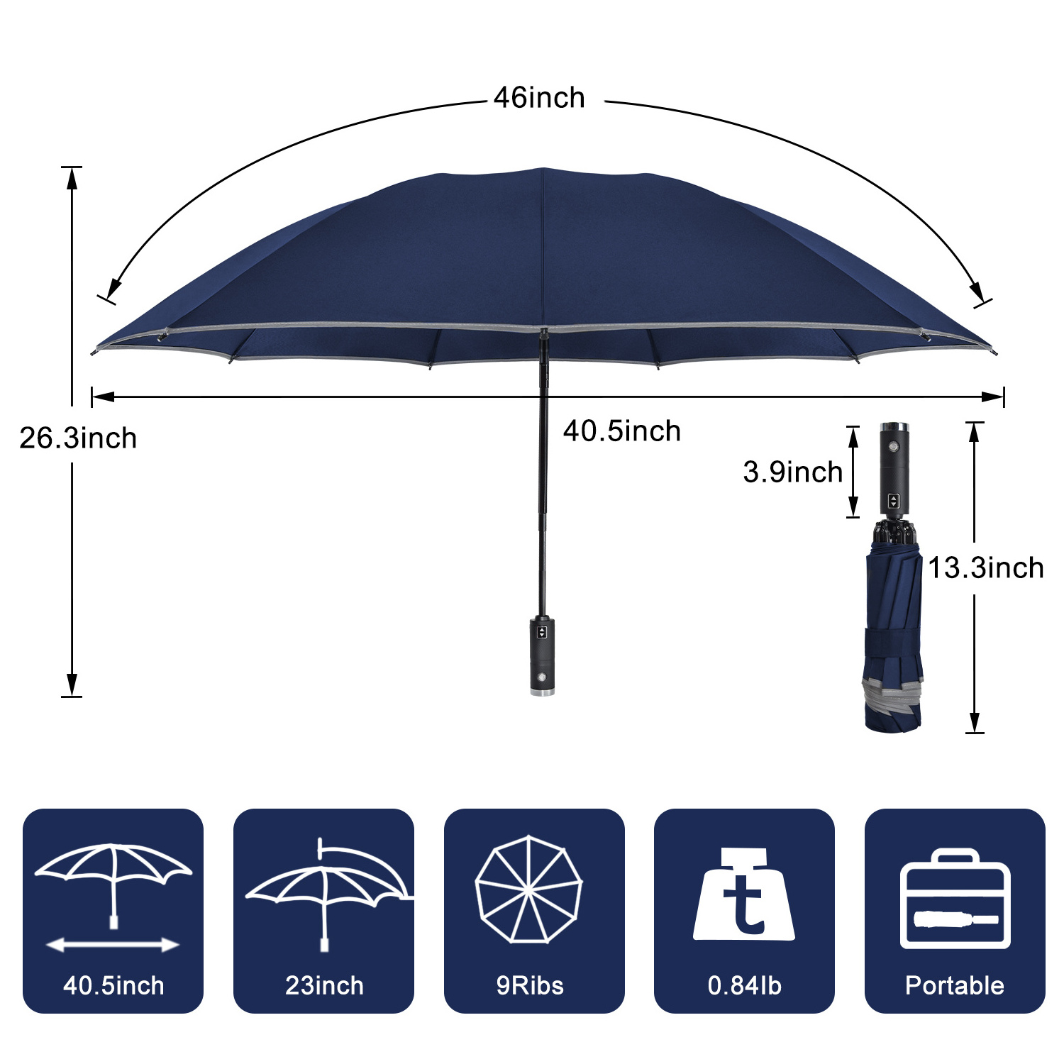 42inch Windproof Safety Reflective Travel Upside Down LED Handle Automatic Compact Inverted Folding LED Umbrella