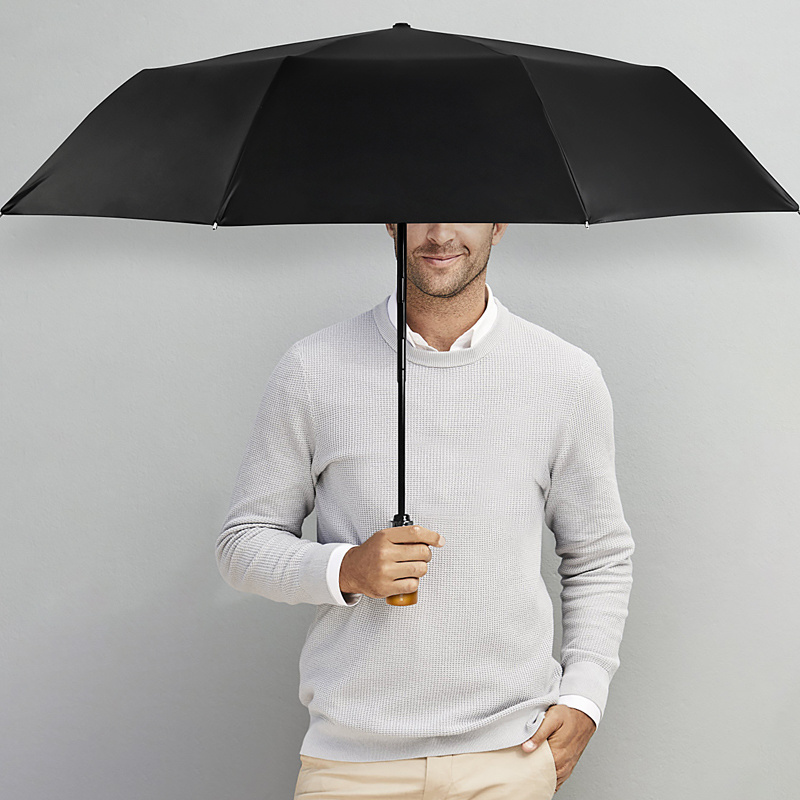 Black fully automatic mens strong wood handle woven label umbrella with zipper cover