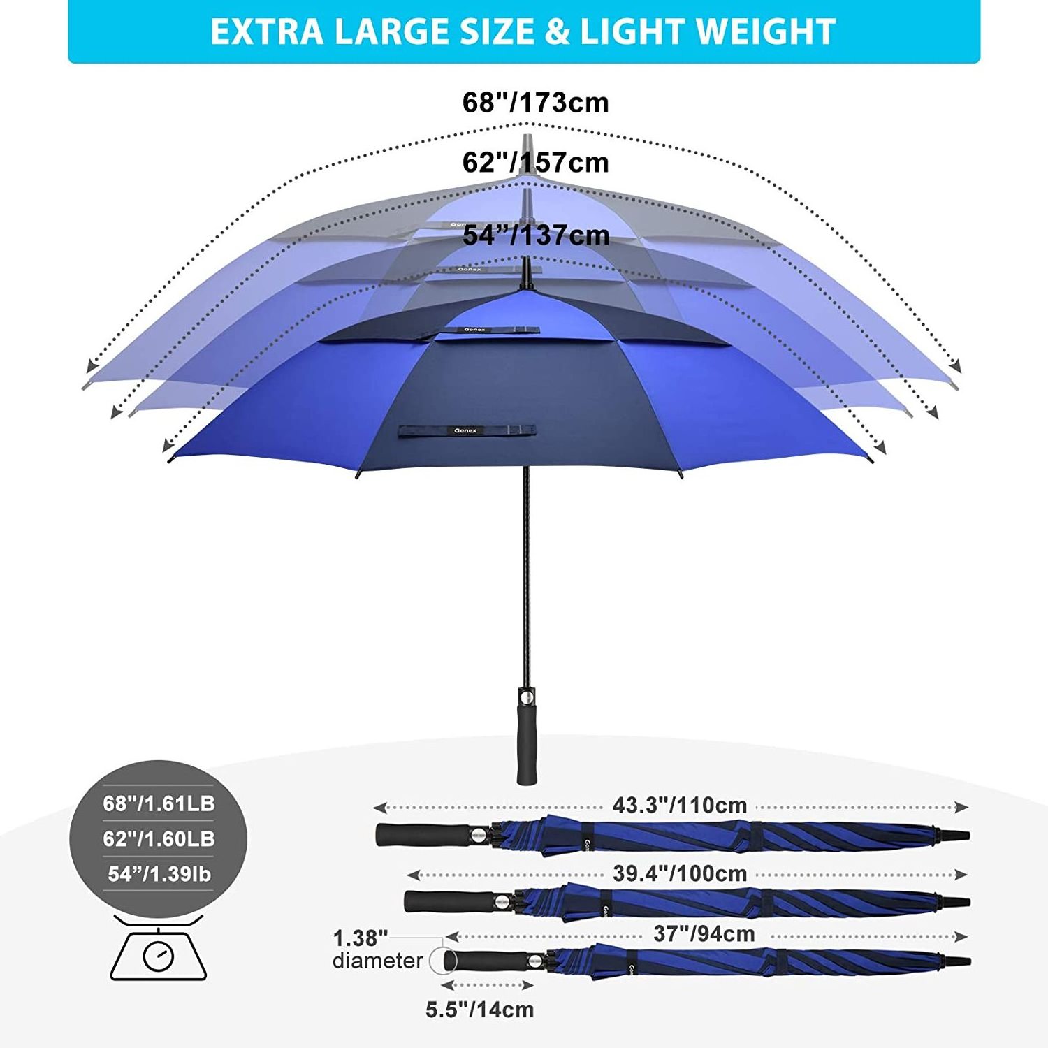 Travel Rain Windproof Water Resistant Double Canopy Oversize Vented Multiple Colors 54/62/68 Inch Large Golf Umbrella