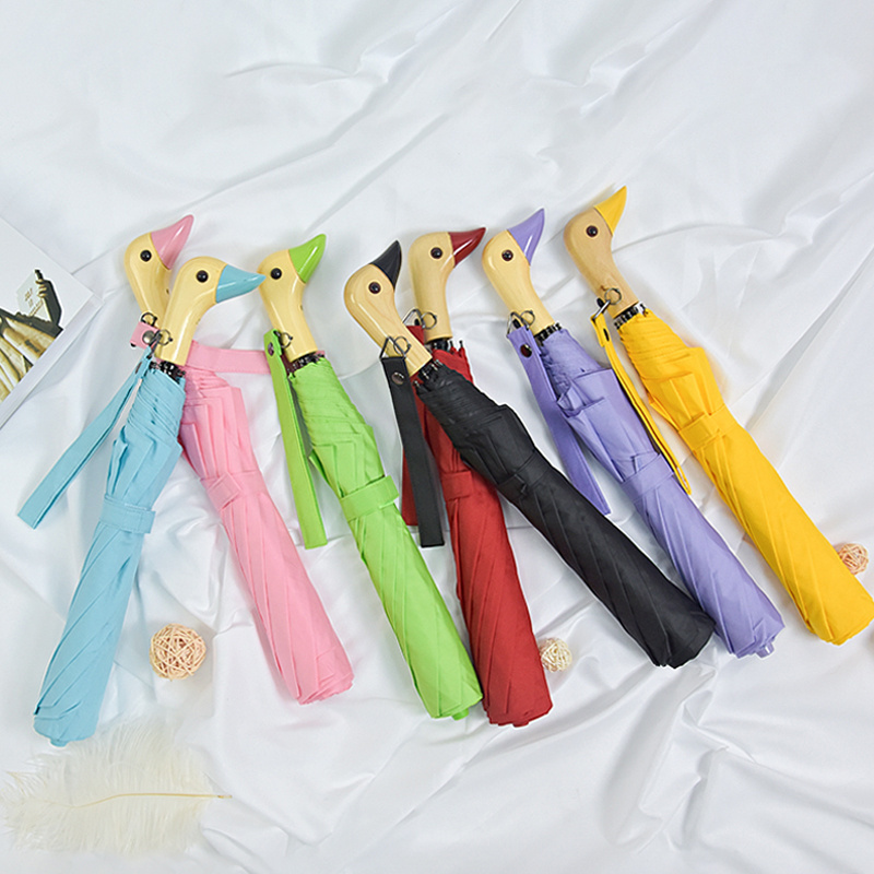 2 Folding umbrella Wooden Duck Head Handle UV protection Sunny umbrella