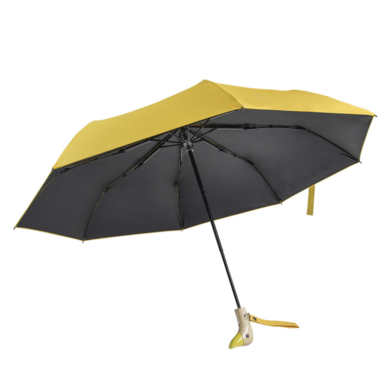 Popular High Quality Two Fold Custom Kids Yellow Duck Lovely Fancy Duck Head Wooden Animal Bird Umbrella