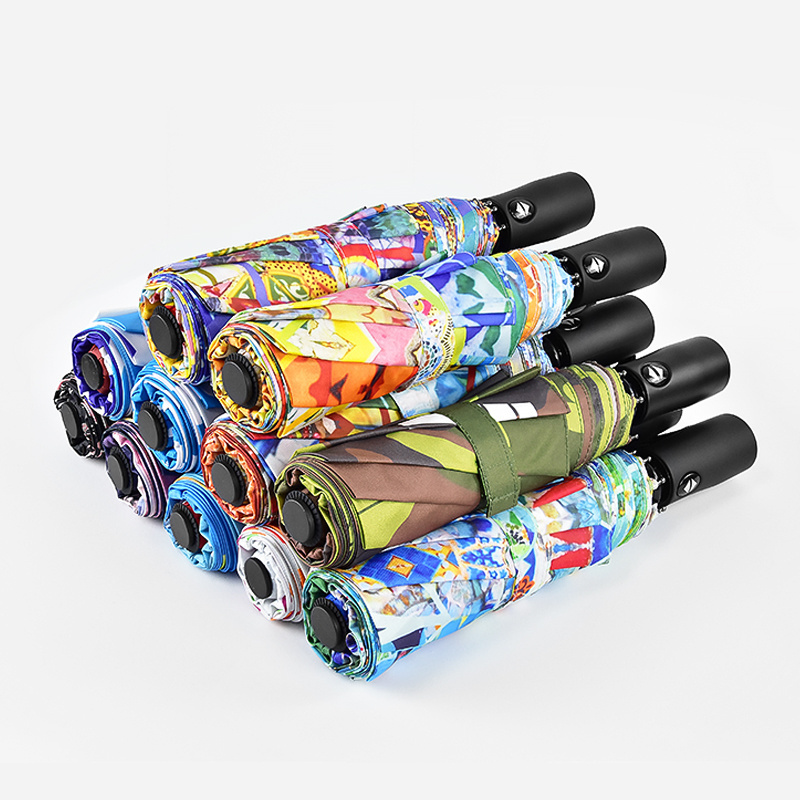 Fashion buy bulk auto open close designer custom 3 fold  windproof promotional foldable umbrella automatic