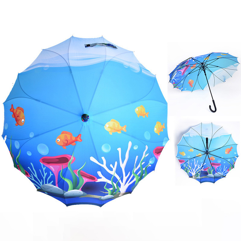 23 inch fiberglass full printing umbrella J shape handle Automatic opening one piece umbrella