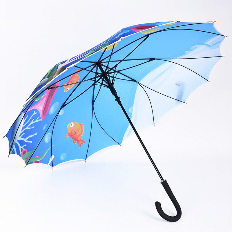 23 inch fiberglass full printing umbrella J shape handle Automatic opening one piece umbrella