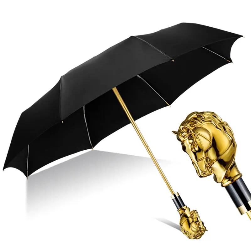 Luxury fashion horse custom handle automatic fold umbrella stick animal handle umbrella with head handle