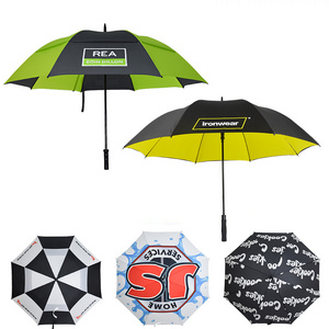 Custom 60 inch best long double canopy sturdy storm printed branded mens windproof large canopy extra strong golf umbrella