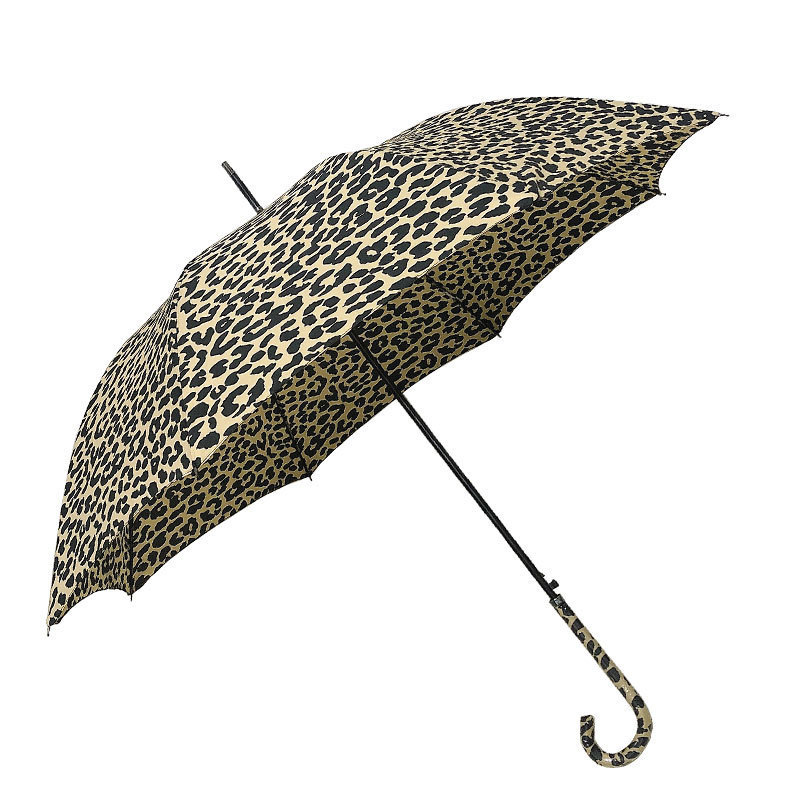 Long Curved Handle Strong Windproof Manual Open Leopard Print Design Straight Umbrella