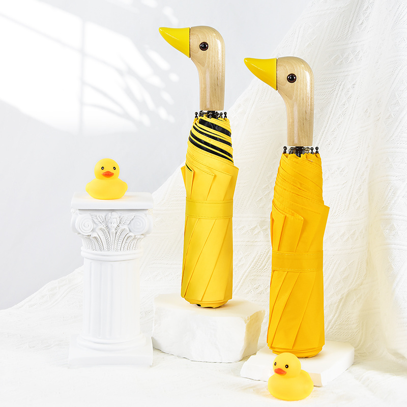 Cute Duck Head Handle Design 3 Fold Custom Sun Umbrella Compact Light Weight Windproof Fold Umbrella