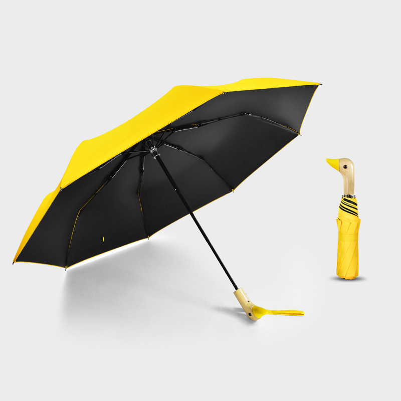 Cute Duck Head Handle Design 3 Fold Custom Sun Umbrella Compact Light Weight Windproof Fold Umbrella