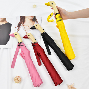 Shade Rain Shine Wooden Two Folding Pink Yellow Travel Duck Head Wood Handle Umbrella