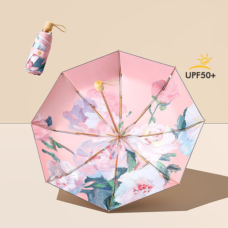 Funny Design Full Printing Lightweight And Compact Double Sunscreen Natural Raw Wooden Handle Umbrella