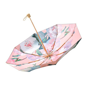 Funny Design Full Printing Lightweight And Compact Double Sunscreen Natural Raw Wooden Handle Umbrella