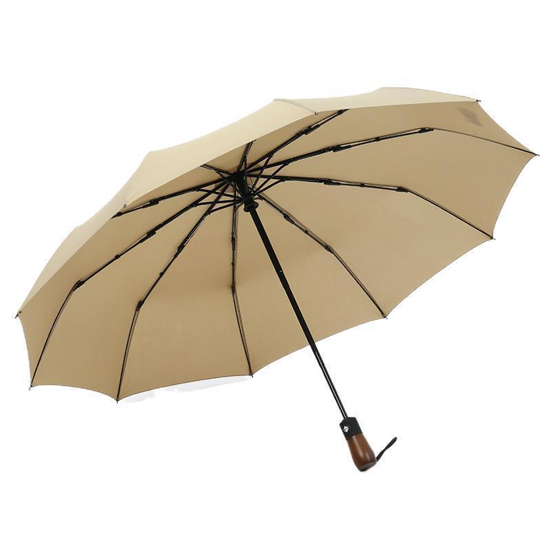 Automatic Open And Close High Density Lotus Leaf Effect Strong Waterproof Frosted Wooden Handle Umbrella