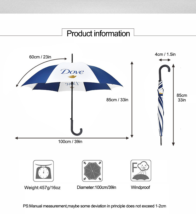 Business car 23Inch curved handle umbrella windproof straight umbrella hotel fiber glass umbrella