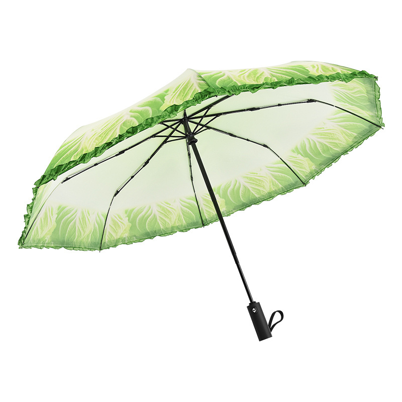 Customer design windproof frame 3 folded automatic open and close cabbage leaf umbrella